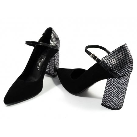 Czółenka Giulio Santoro by Presto P-9103 czarno srebrny zamsz